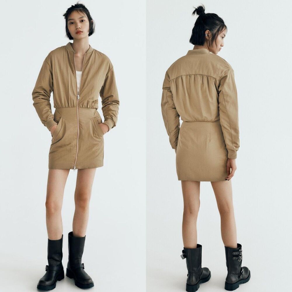 Zara Women's Size M Tan Puffer Bomber Mini Jacket Dress NEW Streetwear Outdoor